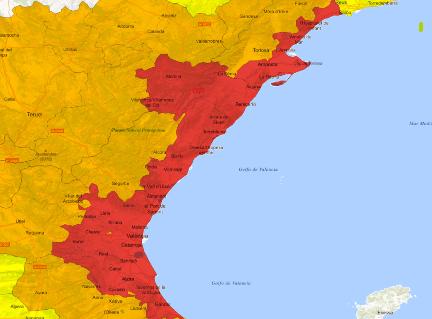 Zonas del interior y el litoral mediterráneo valenciano y catalán en aviso rojo esta tarde.