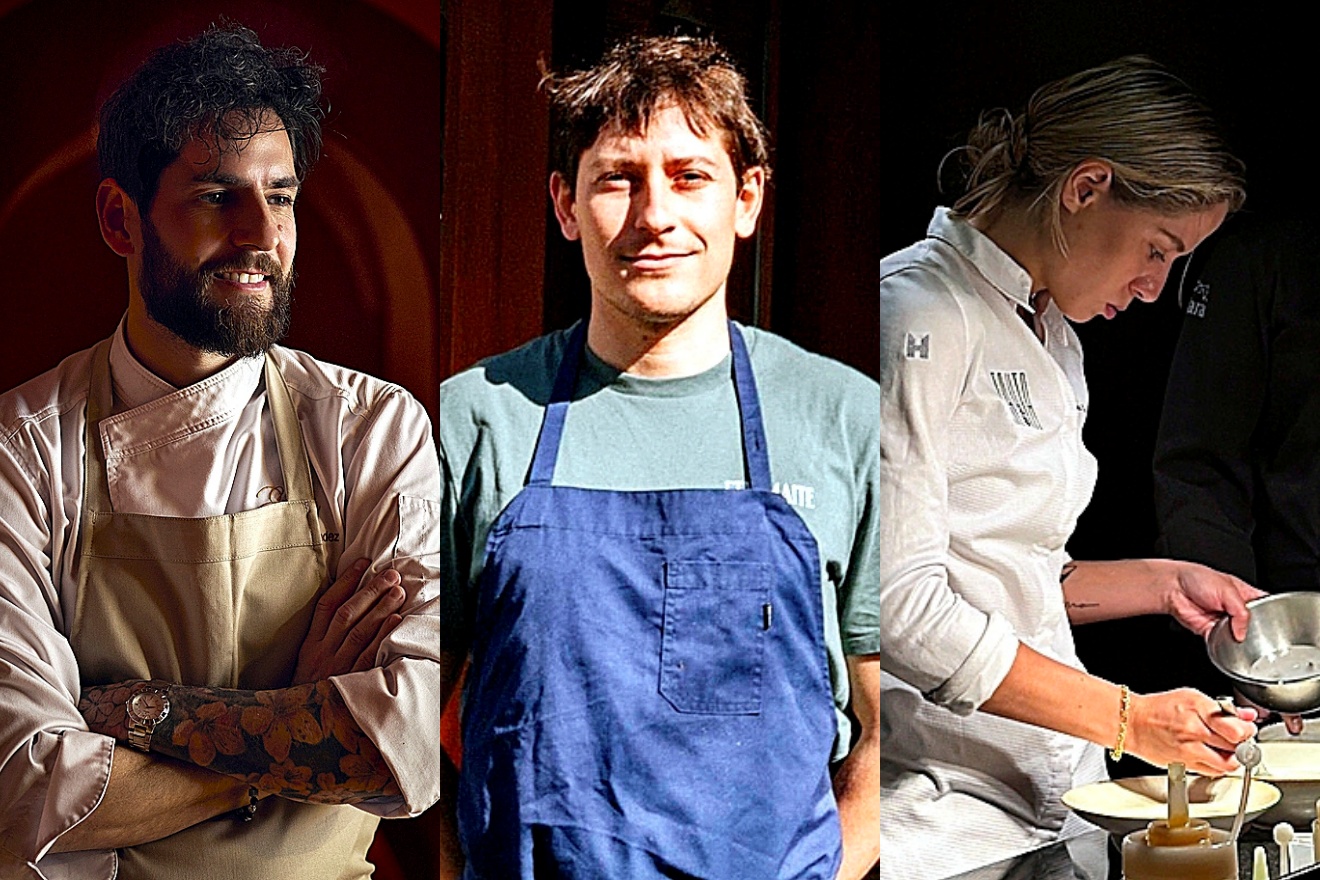 Rubén Mosquero, dueño de EMi, en Madrid; Paolo Herranz, dueño de Etxemaite, en San Sebastián, y Paula Gutiérrez es la jefa de cocina de Tayta, en Salamanca.